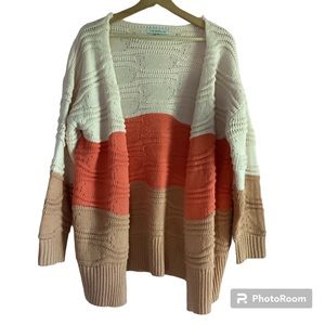 CORAL COLOR BLOCK WAVE KNIT OPEN CARDIGAN SIZE M